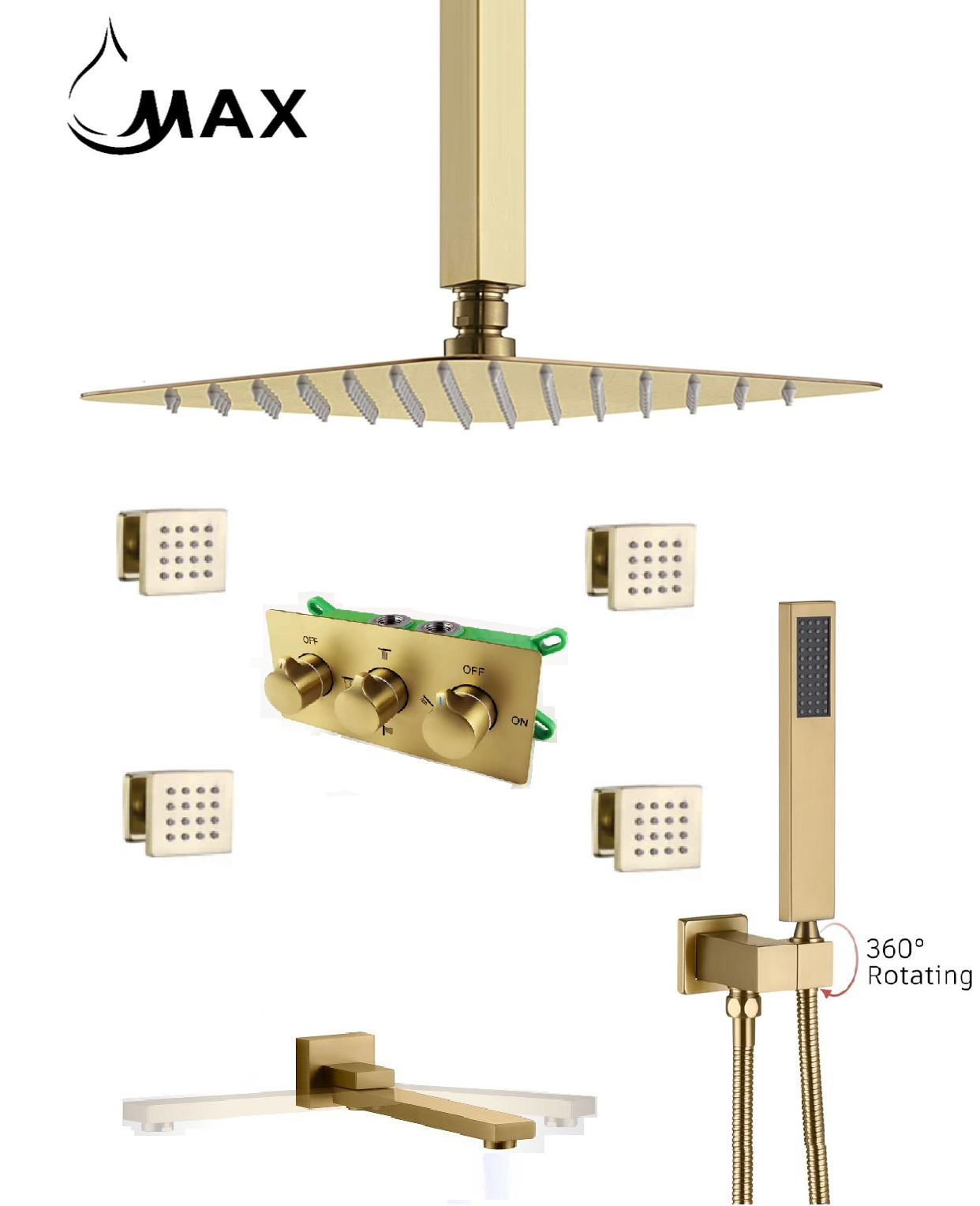 MAX Faucets Ceiling Shower System Set - Four-Way with Pressure Balance Valve & 4 Body Jets Massage (Brushed Gold)
