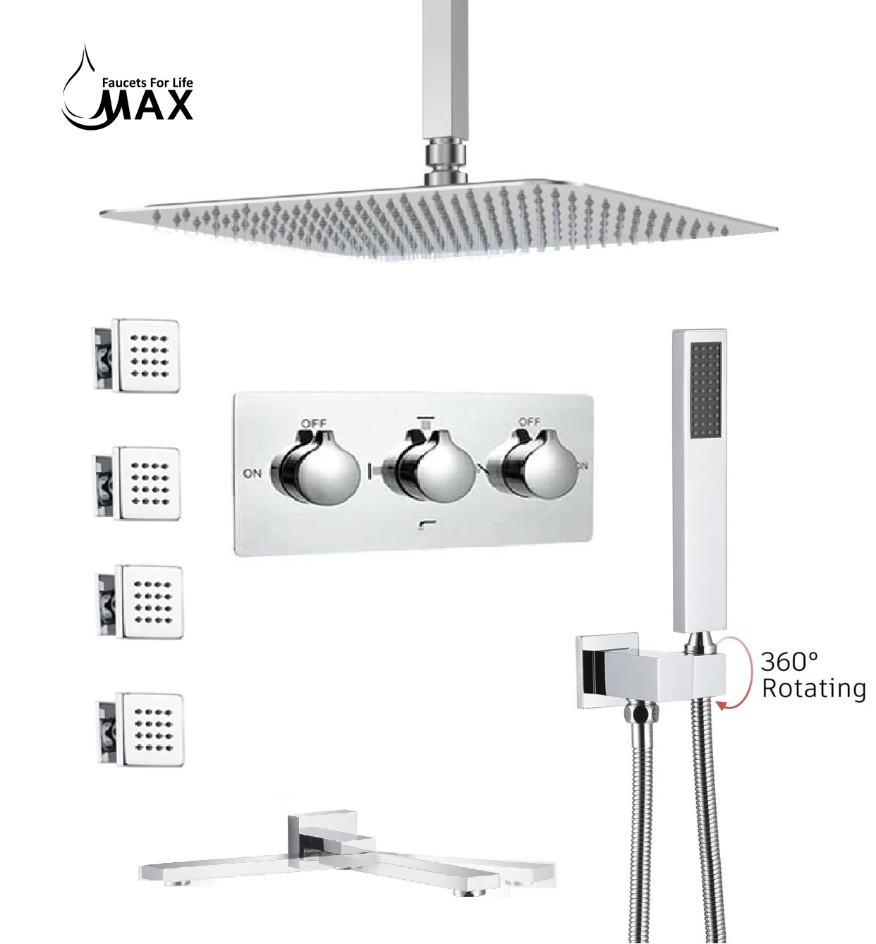 MAX Faucets Ceiling Shower System Set - Four-Way with Pressure Balance Valve & 4 Body Jets Massage (Chrome)