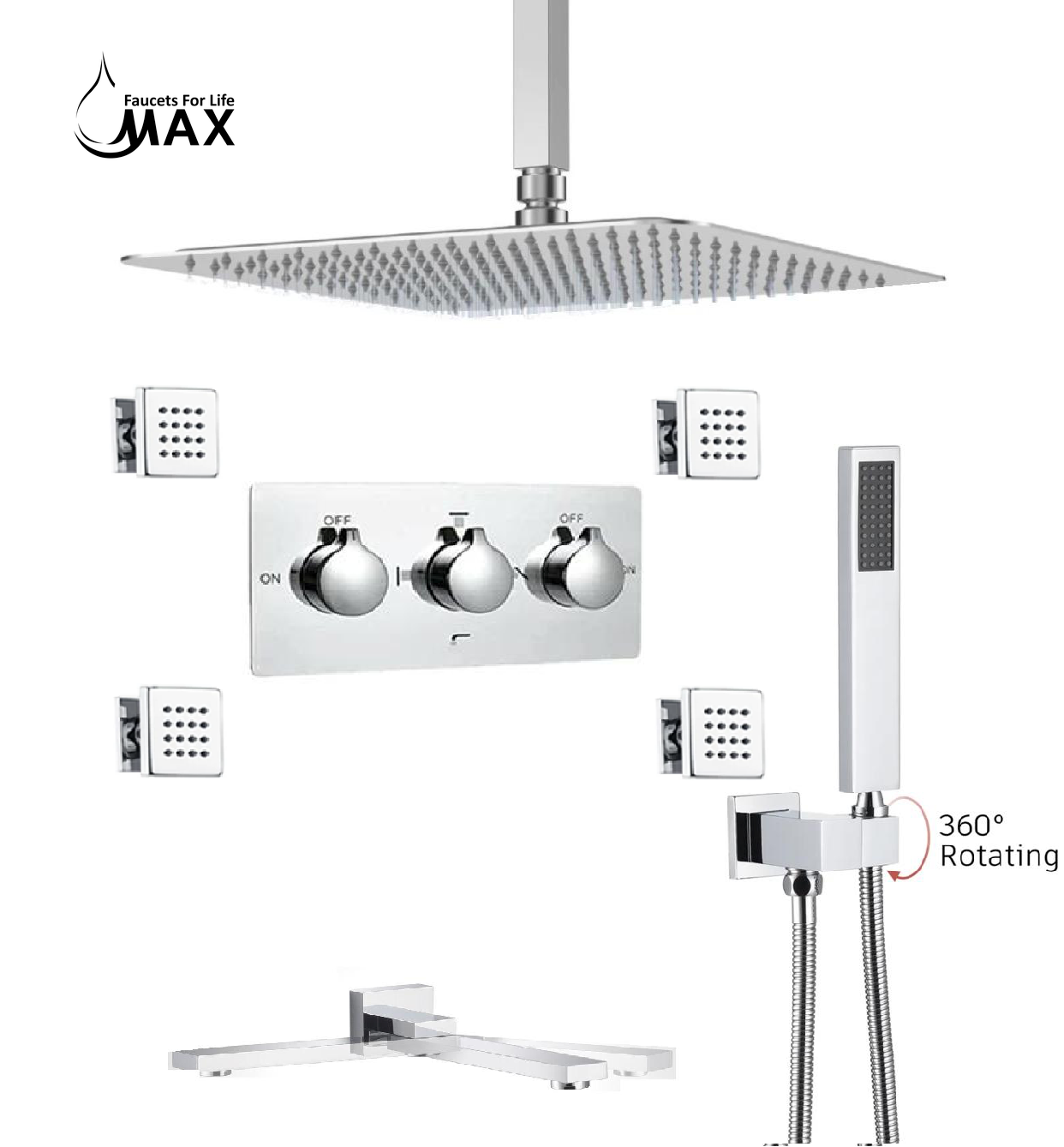 MAX Faucets Ceiling Shower System Set - Four-Way with Pressure Balance Valve & 4 Body Jets Massage (Chrome)