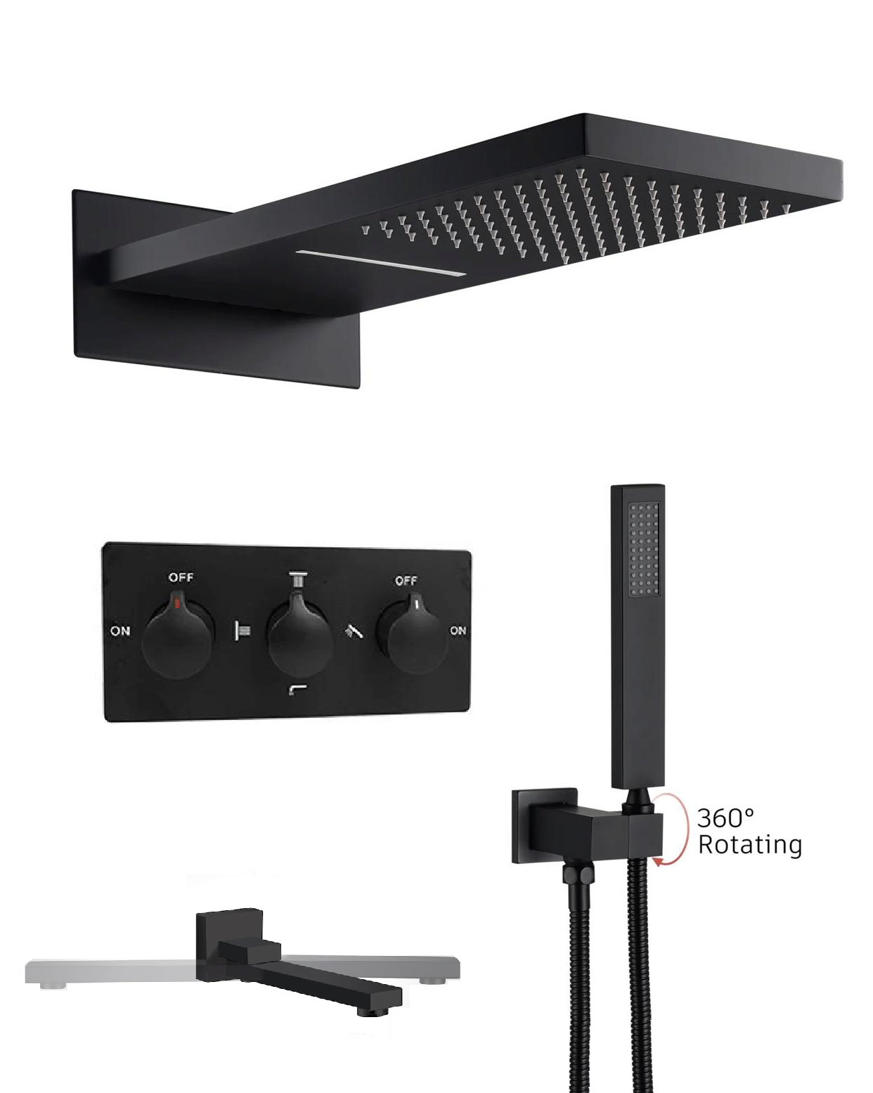 MAX Faucets 4 Function Shower System Set – with Waterfall & Rainfall Showerhead (Matte Black)