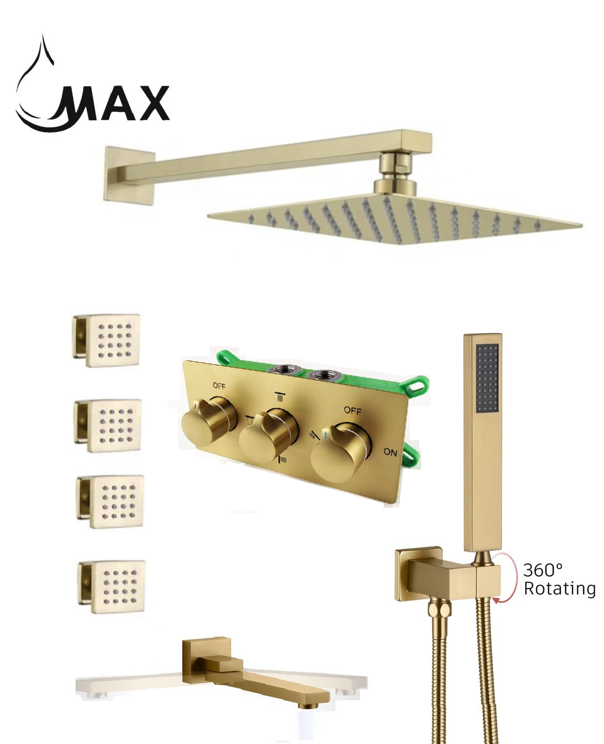 MAX Faucets Wall-Mounted Shower System Set - Four-Way with Pressure Balance Valve & 4 Body Jets Massage (Brushed Gold)