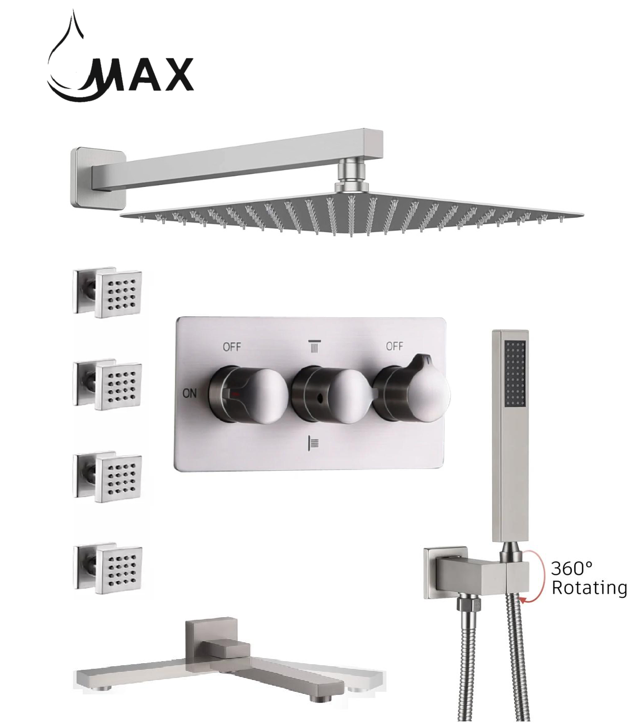 MAX Faucets Wall-Mounted Shower System Set - Four-Way with Pressure Balance Valve & 4 Body Jets Massage (Brushed Nickel)