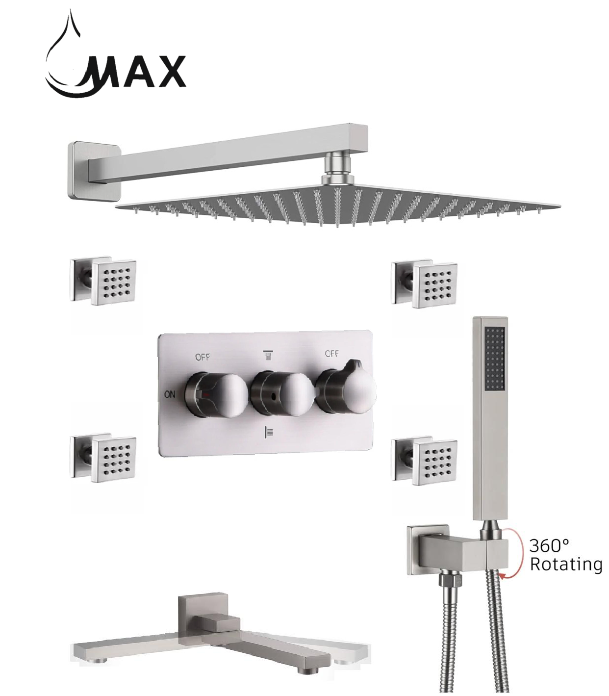 MAX Faucets Wall-Mounted Shower System Set - Four-Way with Pressure Balance Valve & 4 Body Jets Massage (Brushed Nickel)