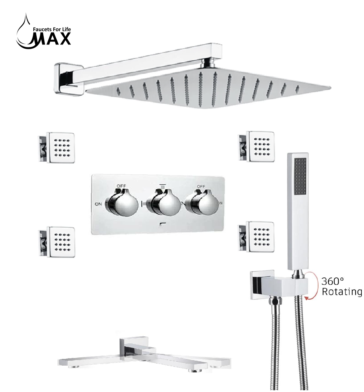 MAX Faucets Wall-Mounted Shower System Set - Four-Way with Pressure Balance Valve & 4 Body Jets Massage (Chrome)