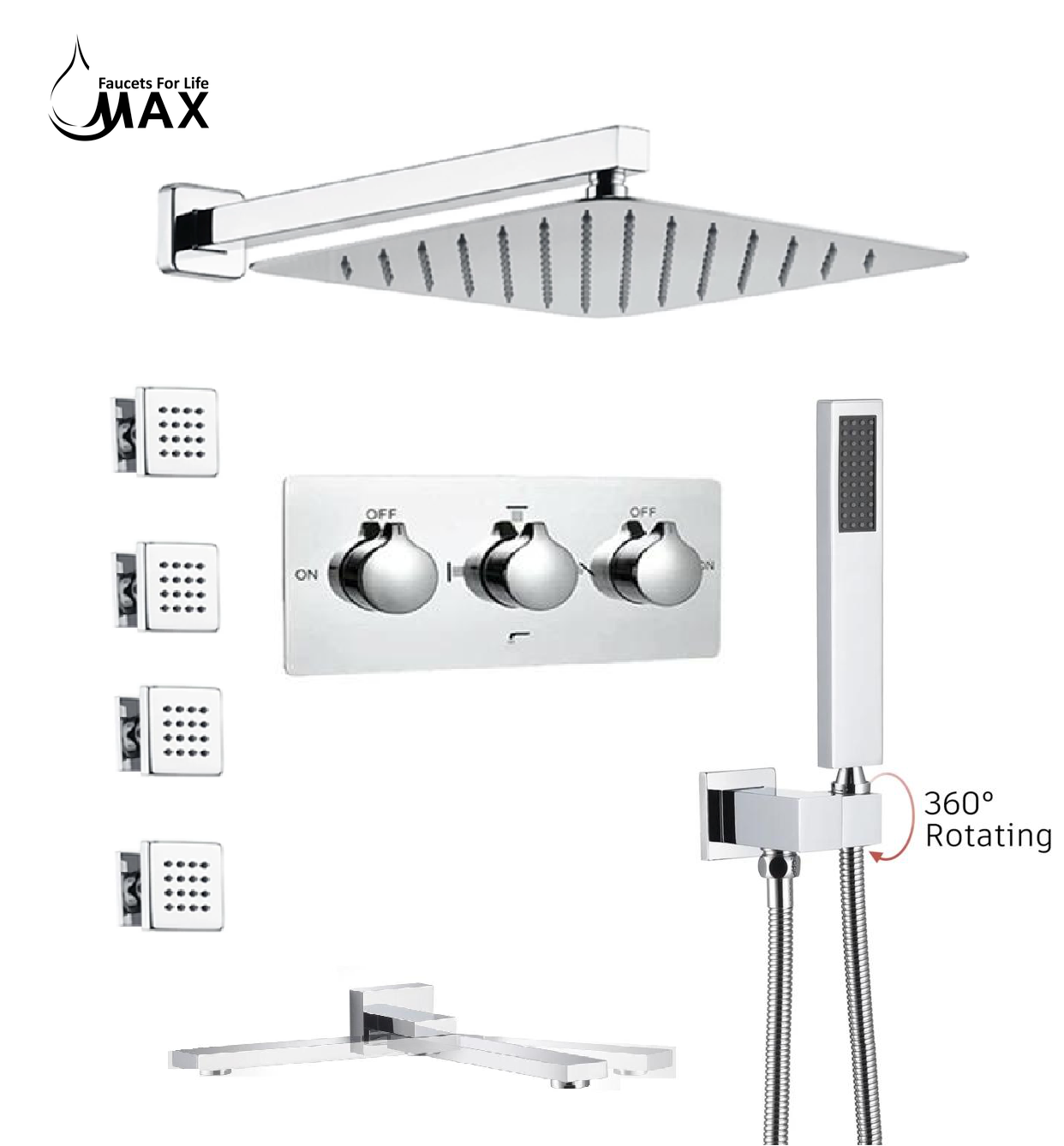 MAX Faucets Wall-Mounted Shower System Set - Four-Way with Pressure Balance Valve & 4 Body Jets Massage (Chrome)