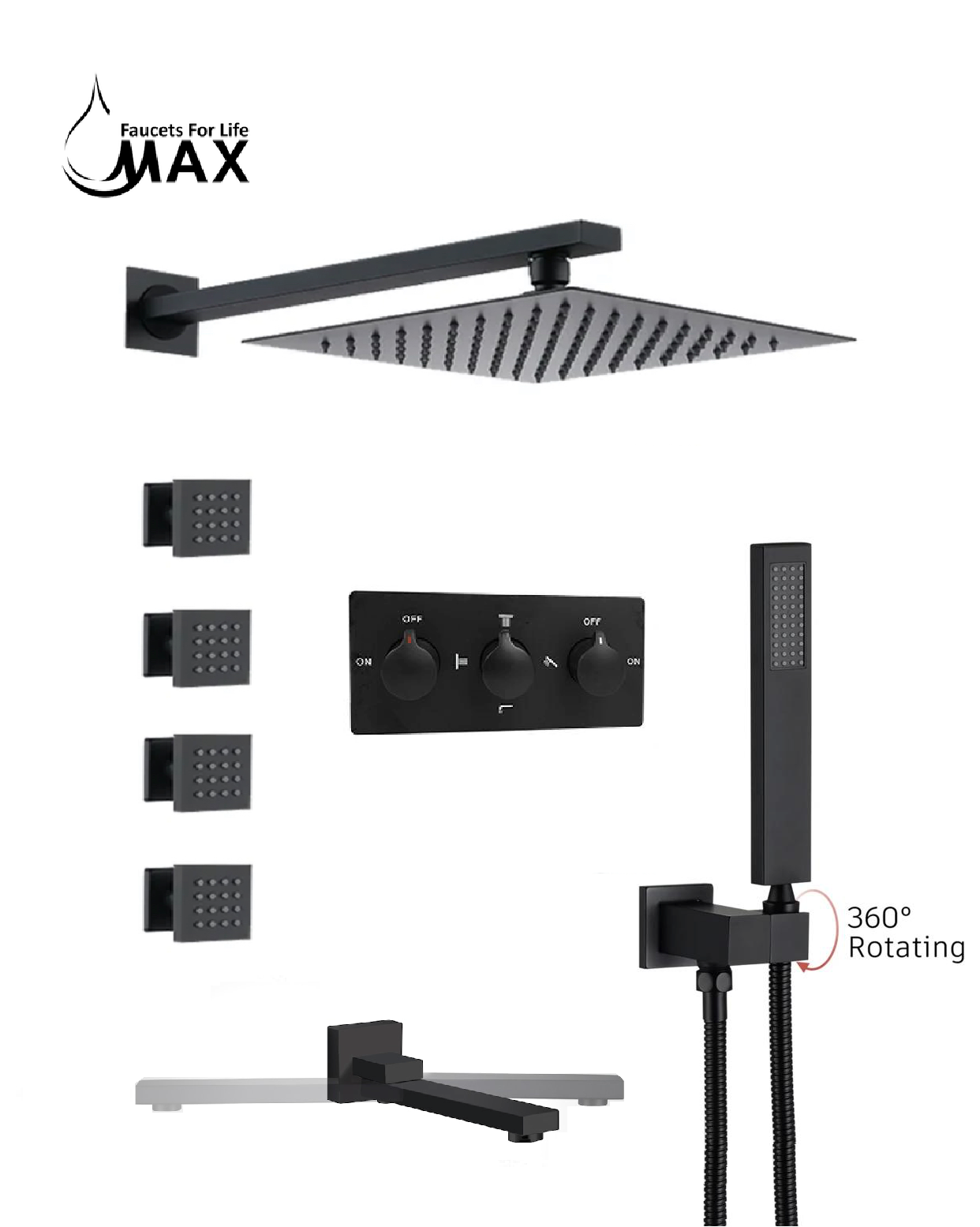 MAX Faucets Wall-Mounted Shower System Set - Four-Way with Pressure Balance Valve & 4 Body Jets Massage (Matte Black)