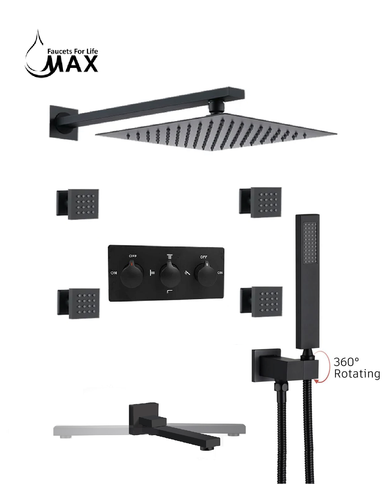 MAX Faucets Wall-Mounted Shower System Set - Four-Way with Pressure Balance Valve & 4 Body Jets Massage (Matte Black)