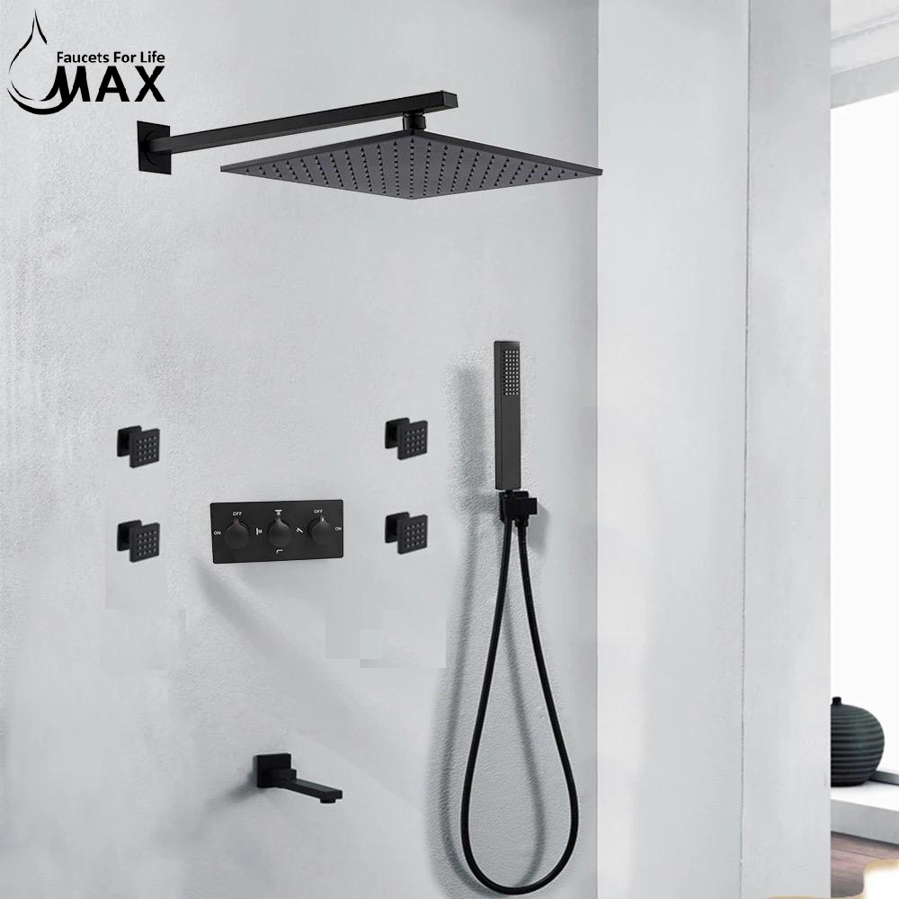 MAX Faucets Wall-Mounted Shower System Set - Four-Way with Pressure Balance Valve & 4 Body Jets Massage (Matte Black)