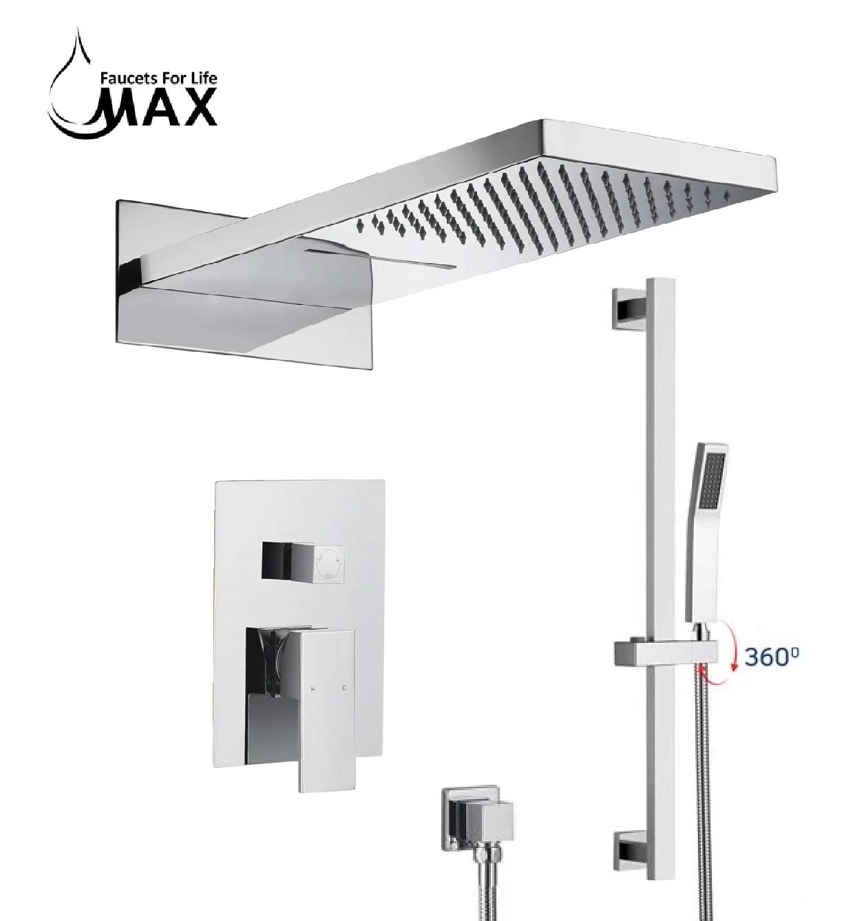 MAX Faucets Waterfall & Rainfall Shower System, 3-Function with Slide Bar & Adjustable Handheld – Chrome