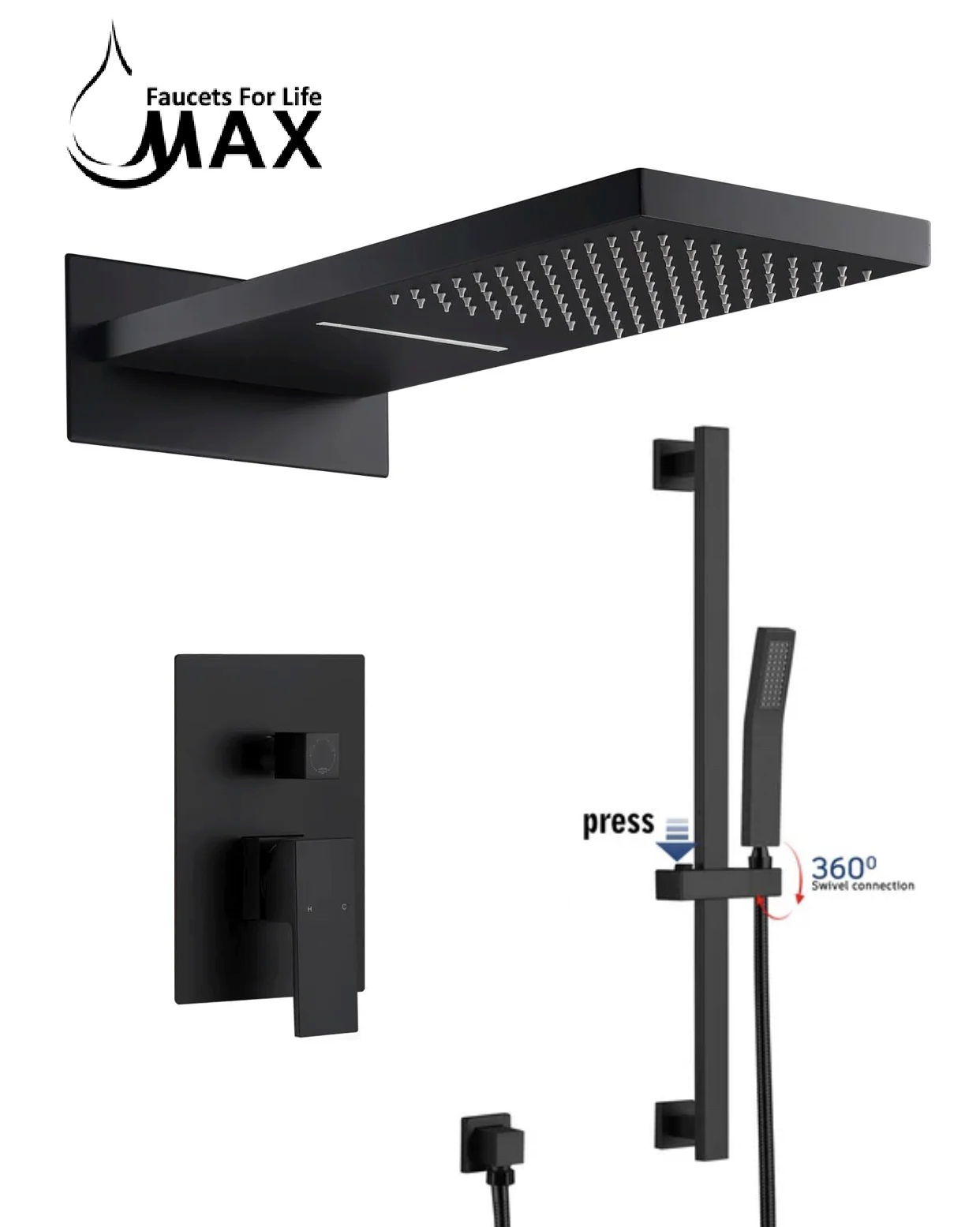 MAX Faucets Waterfall & Rainfall Shower System, 3-Function with Slide Bar & Adjustable Handheld – Matte Black