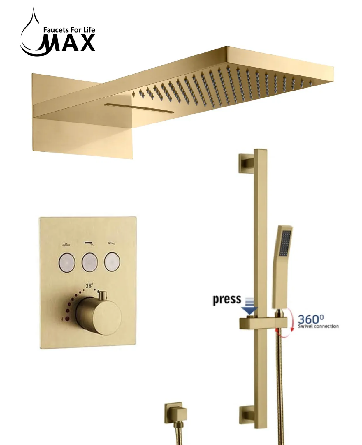 MAX Faucets | 3-Function Thermostatic Shower System with Push Buttons – Waterfall & Rainfall Showerhead, Slide Bar & Adjustable Handheld (Brushed Gold)