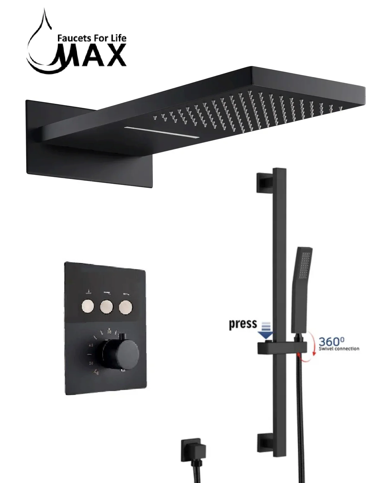 MAX Faucets | 3-Function Thermostatic Shower System with Push Buttons – Waterfall & Rainfall Showerhead, Slide Bar & Adjustable Handheld (Matte Black)