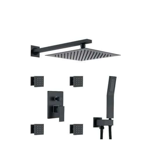 Wall Mounted Shower System Set Three Functions With 4 Body Jets and Pressure Balance Valve Matte Black Finish