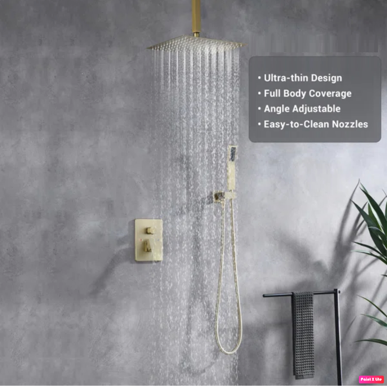 Ceiling Square Shower System Two Functions With Pressure-Balance Valve Brushed Gold