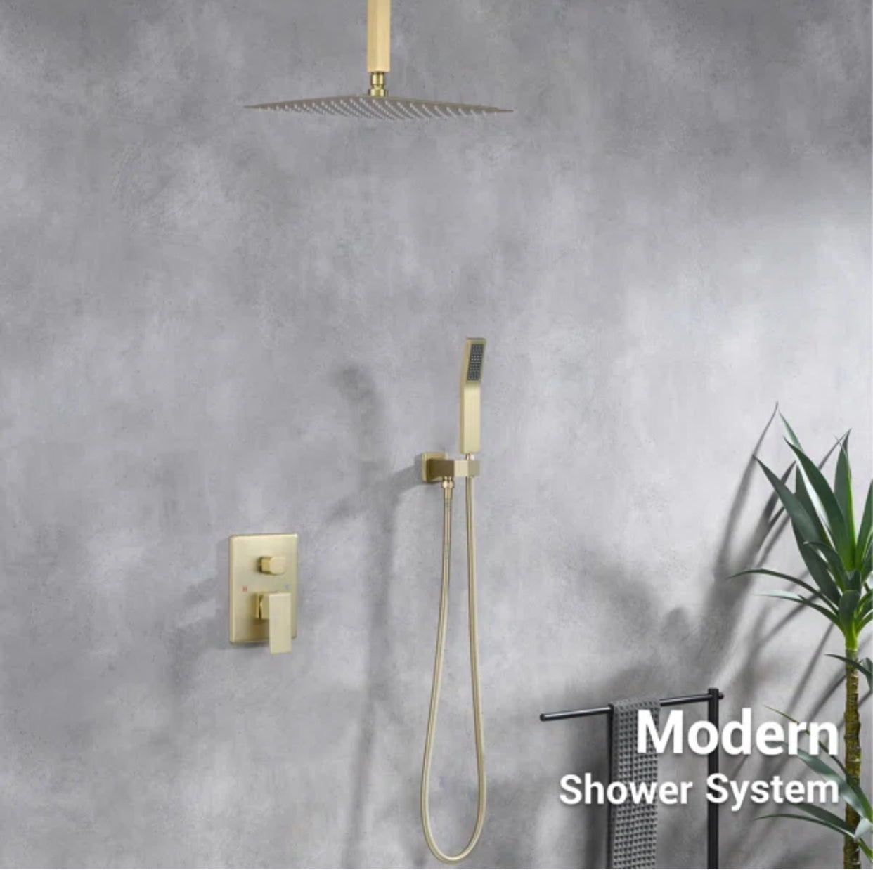 Ceiling Square Shower System Two Functions With Pressure-Balance Valve Brushed Gold