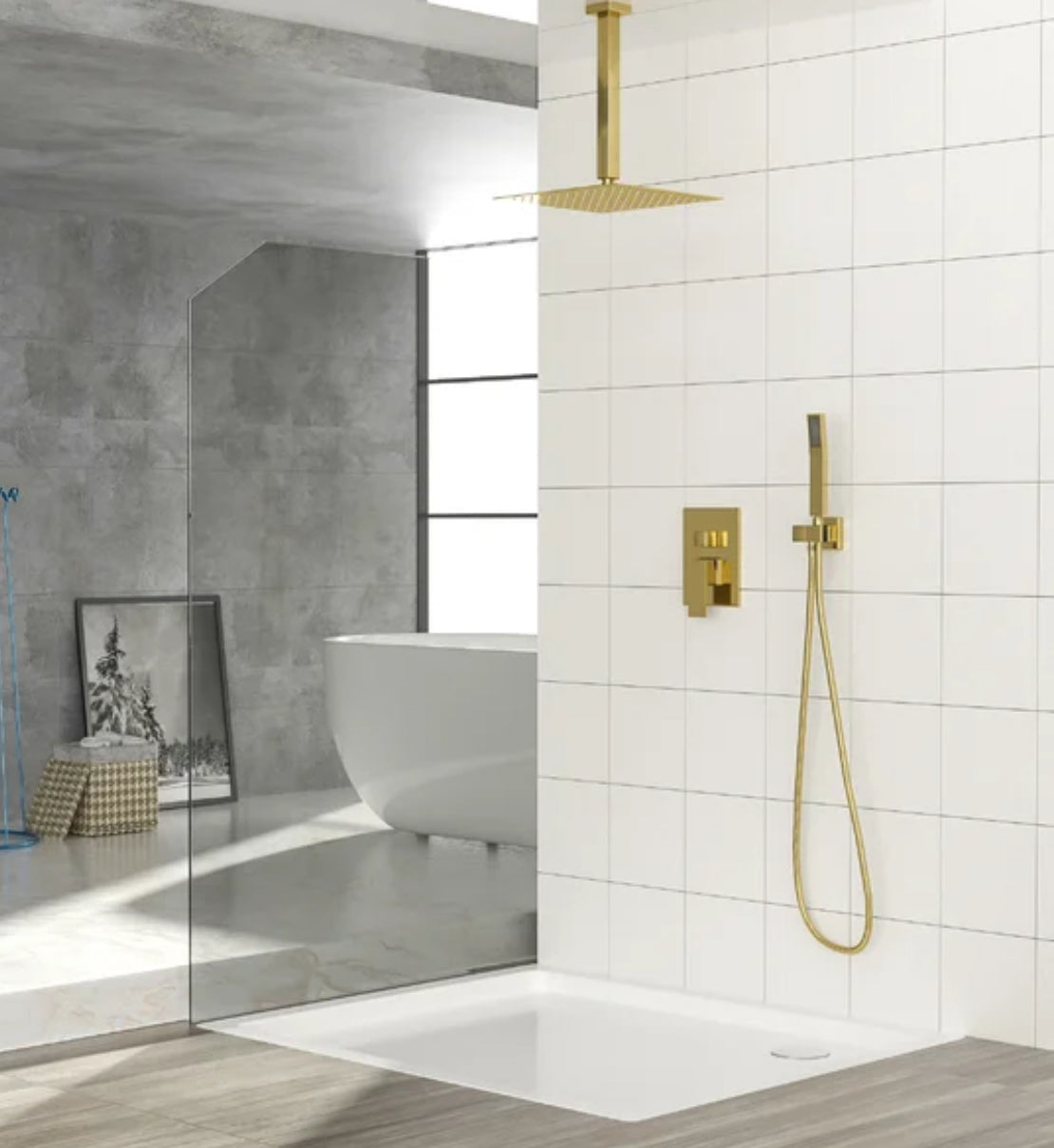 Ceiling Square Shower System Two Functions With Pressure-Balance Valve Brushed Gold