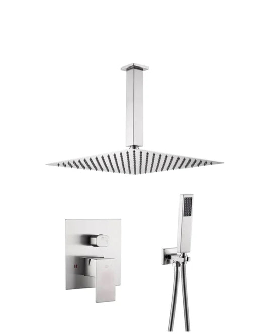 Ceiling Square Shower System Two Functions With Pressure-Balance Valve Brushed Nickel