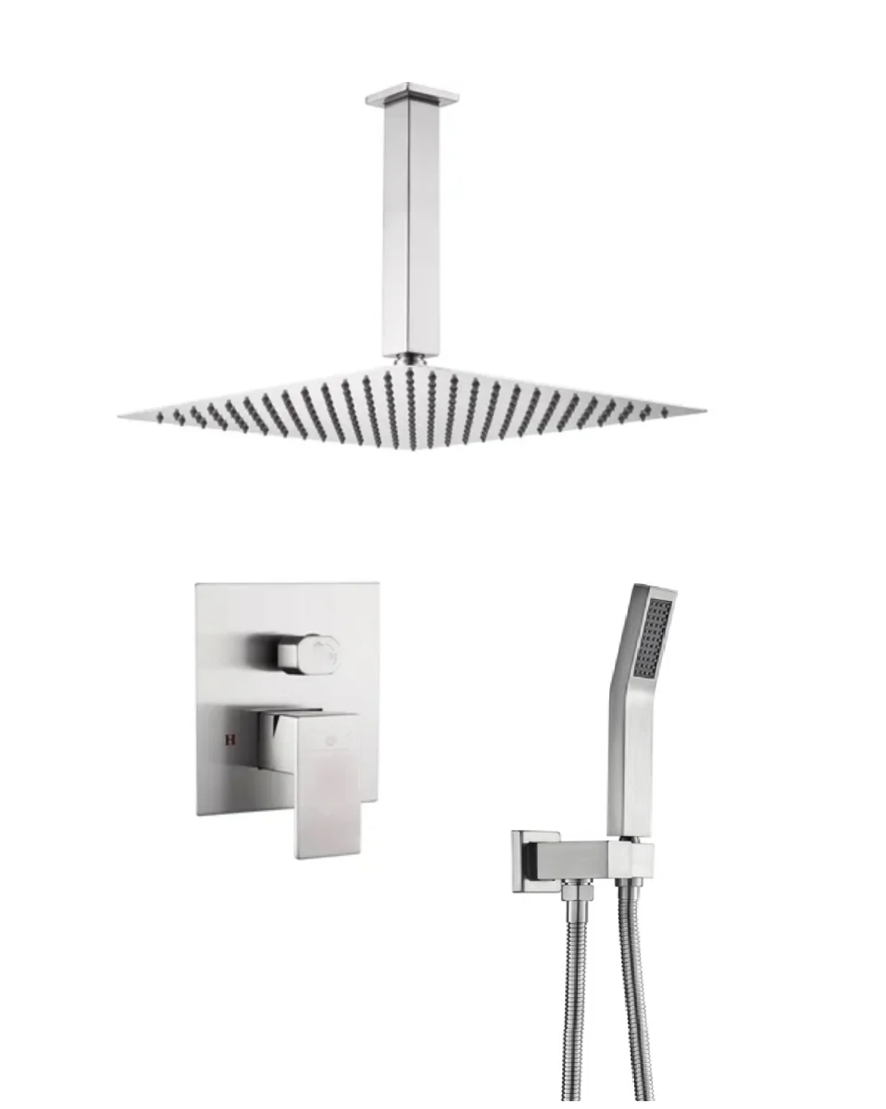Ceiling Square Shower System Two Functions With Pressure-Balance Valve Brushed Nickel