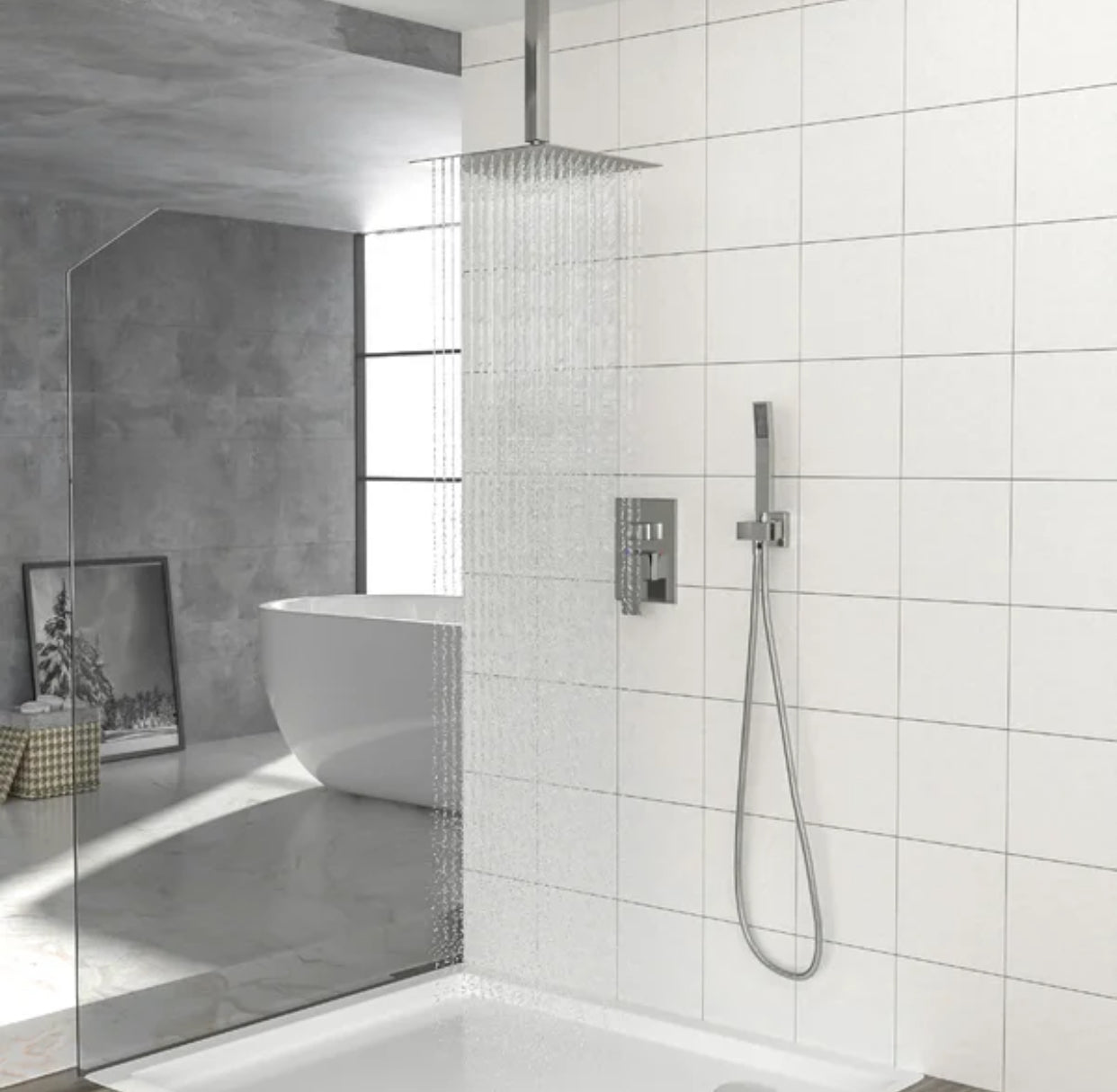 Ceiling Square Shower System Two Functions With Pressure-Balance Valve Brushed Nickel