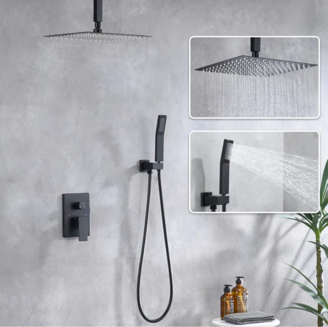 Ceiling Square Shower System Two Functions With Pressure-Balance Valve Matte Black