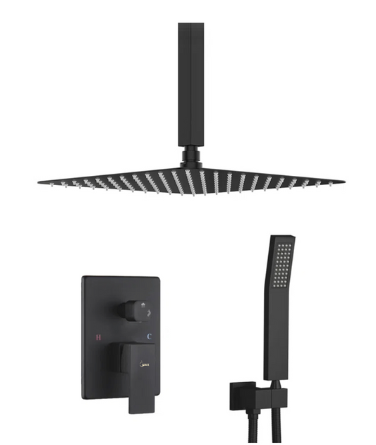 Ceiling Square Shower System Two Functions With Pressure-Balance Valve Matte Black