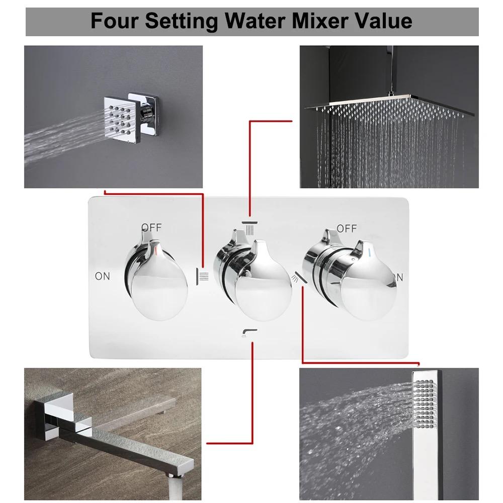 MAX Faucets Ceiling Shower System Set - Four-Way with Pressure Balance Valve & 4 Body Jets Massage (Chrome)