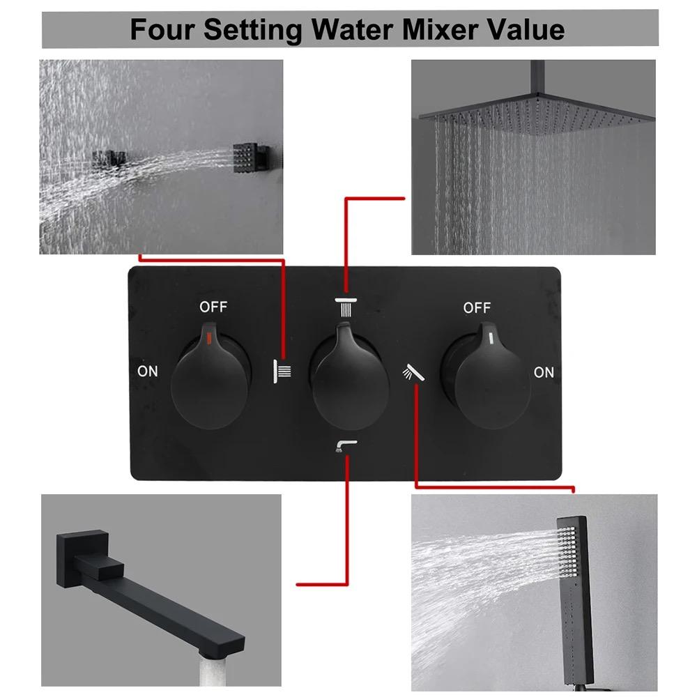 MAX Faucets Ceiling Shower System Set - Four-Way with Pressure Balance Valve & 4 Body Jets Massage (Matte Black)