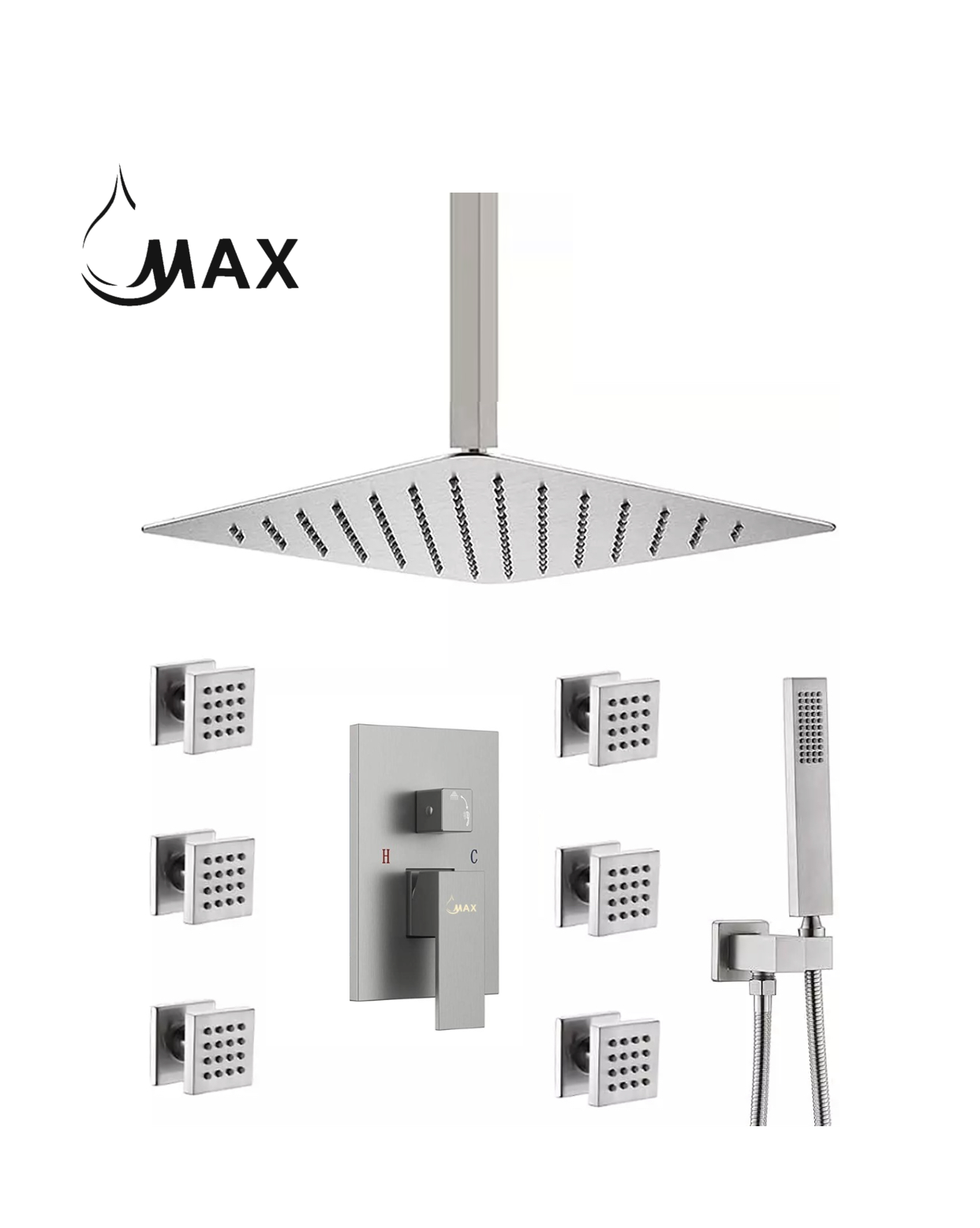 Ceiling Shower System Set Three Functions With 6 Body Jets In Brushed Nickel Finish