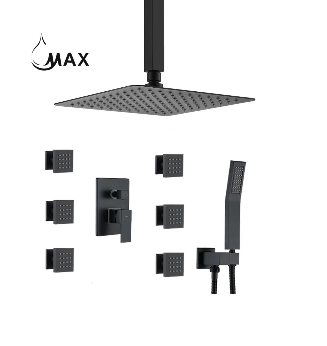 Ceiling Shower System Set Three Functions With 6 Body Jets Matte Black Finish