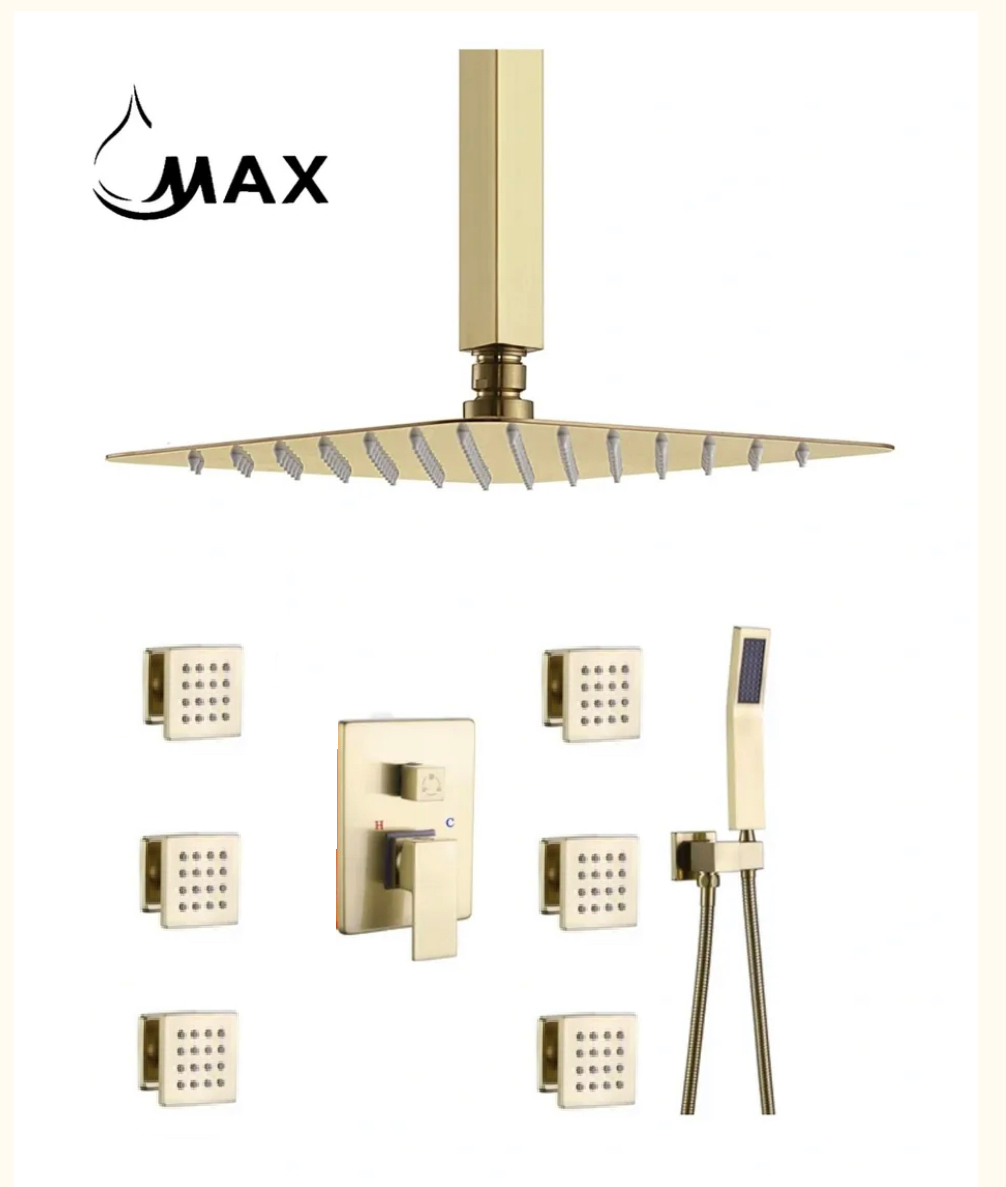 Ceiling Shower System Set Three Functions With 6 Body Jets In Brushed Gold Finish