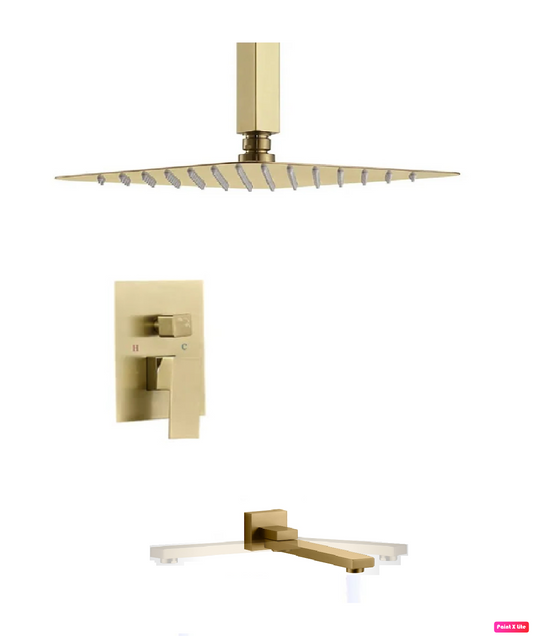 Ceiling Bathtub-Shower System Two Function Swirling Spout With Pressure-Balance Valve Brushed Gold Finish Square Design