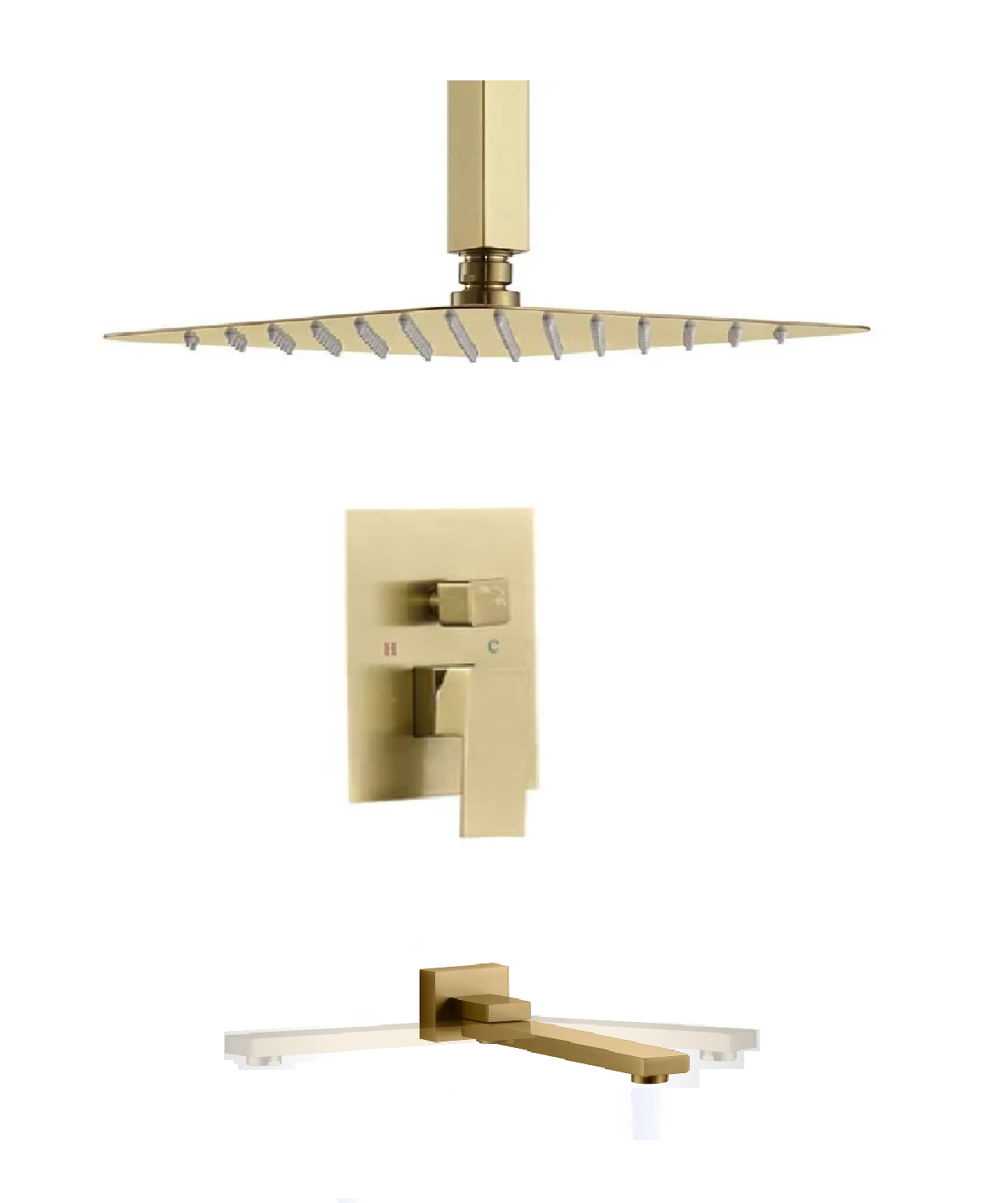 Ceiling Bathtub-Shower System Two Function Swirling Spout With Pressure-Balance Valve Brushed Gold Finish Square Design