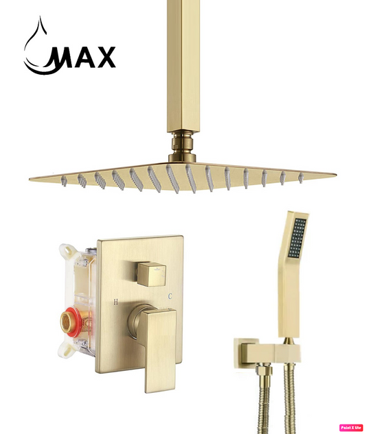 Ceiling Square Shower System Two Functions With Pressure-Balance Valve Brushed Gold