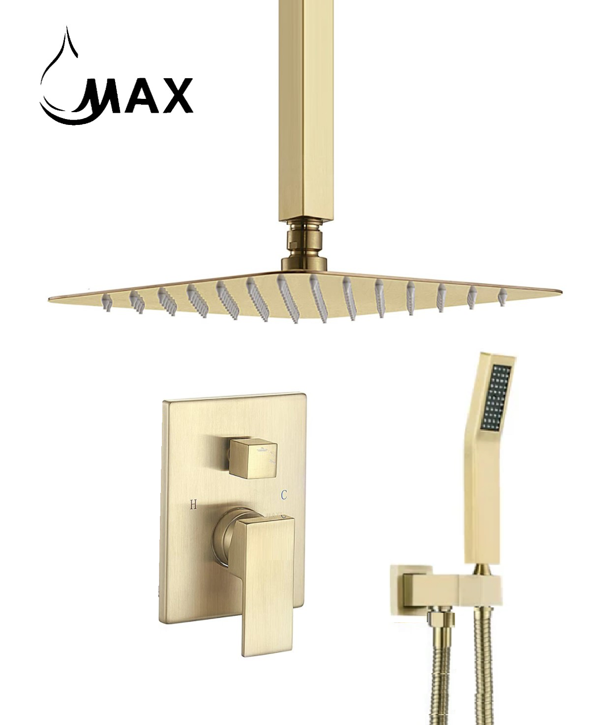 Ceiling Square Shower System Two Functions With Pressure-Balance Valve Brushed Gold