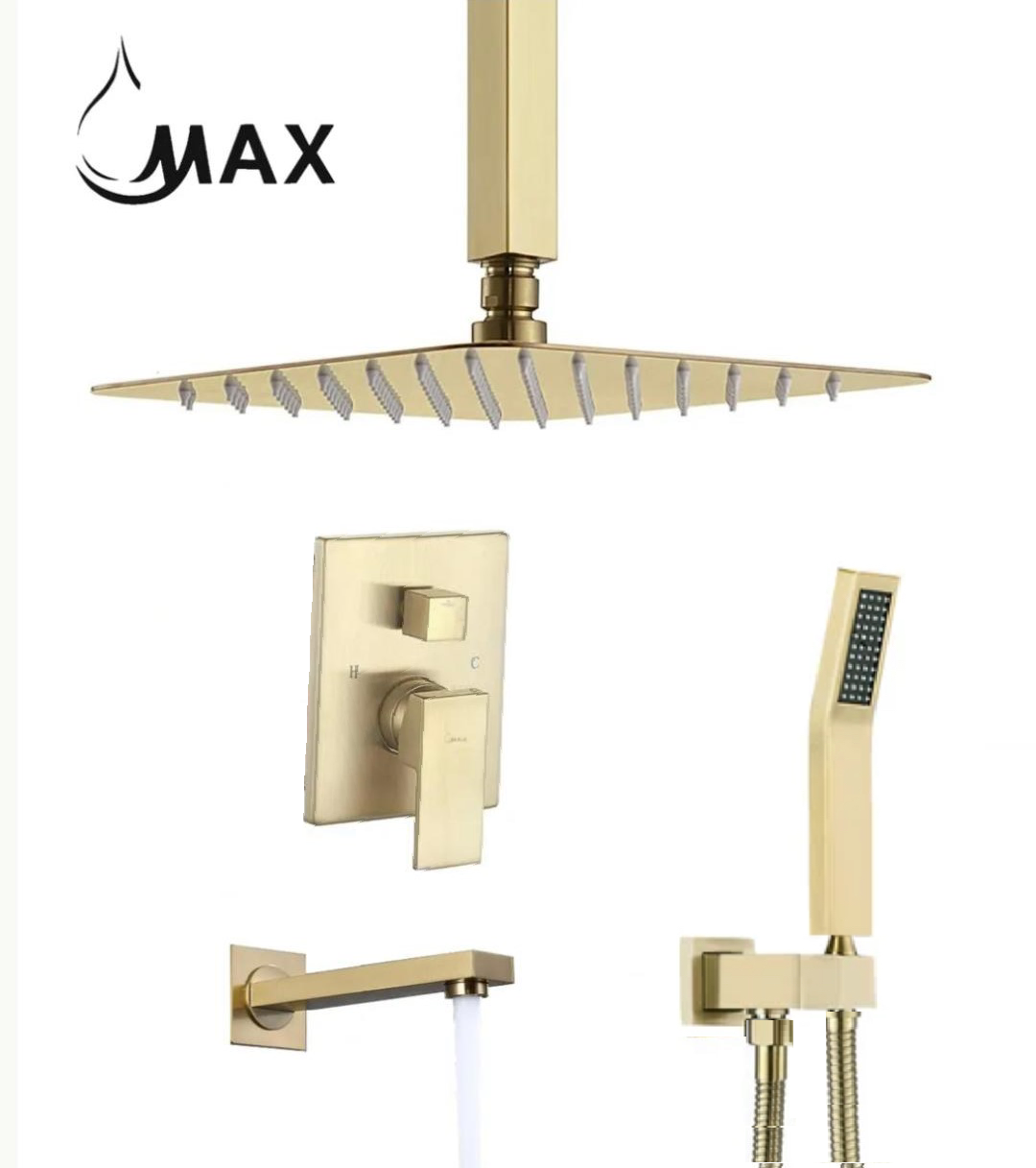 Ceiling Tub Shower System Three Functions With Pressure-Balance Valve Brushed Gold