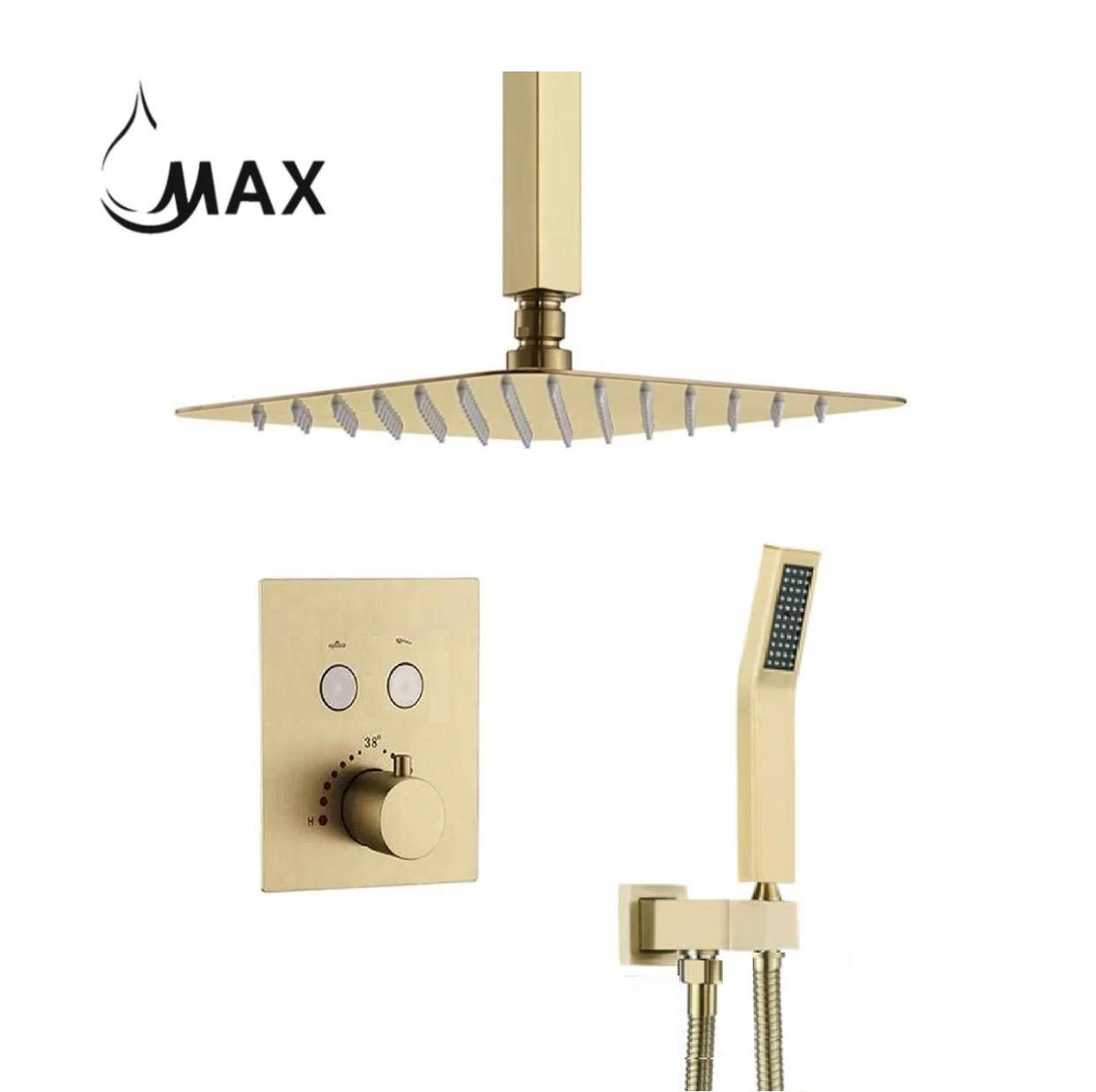 Ceiling Thermostatic Shower System Two Functions With Push-buttons Pressure Balance Valve Brushed Gold Finish