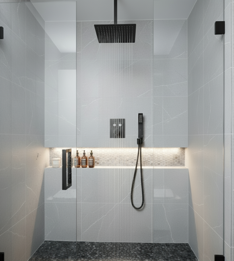 Ceiling Thermostatic Shower System Two Functions With Push-buttons Pressure Balance Valve Matte Black Finish