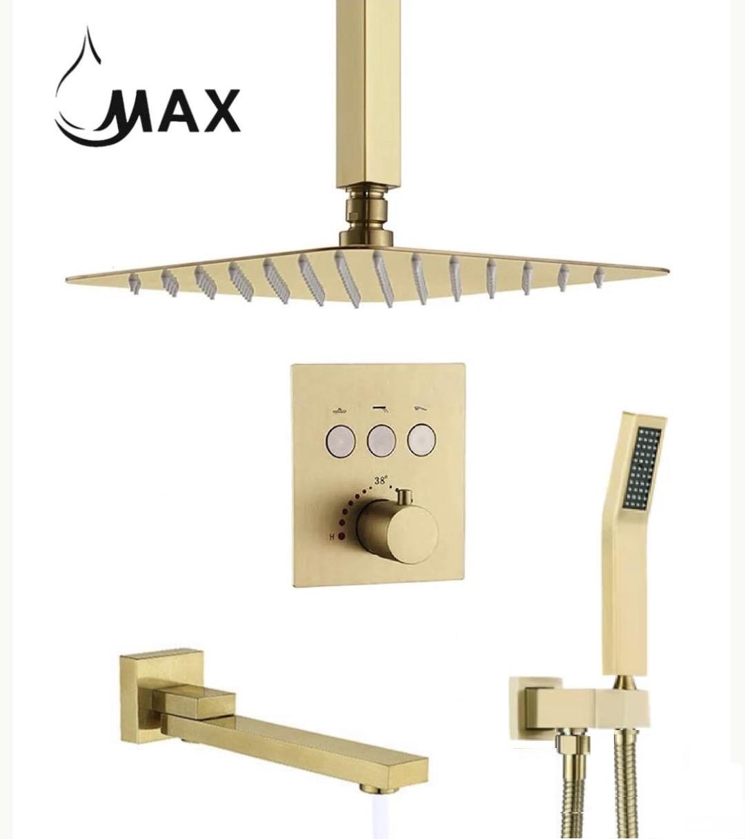 Ceiling Thermostatic Shower System Three Functions With Push-Buttons Pressure Balance Valve Brushed Gold Finish