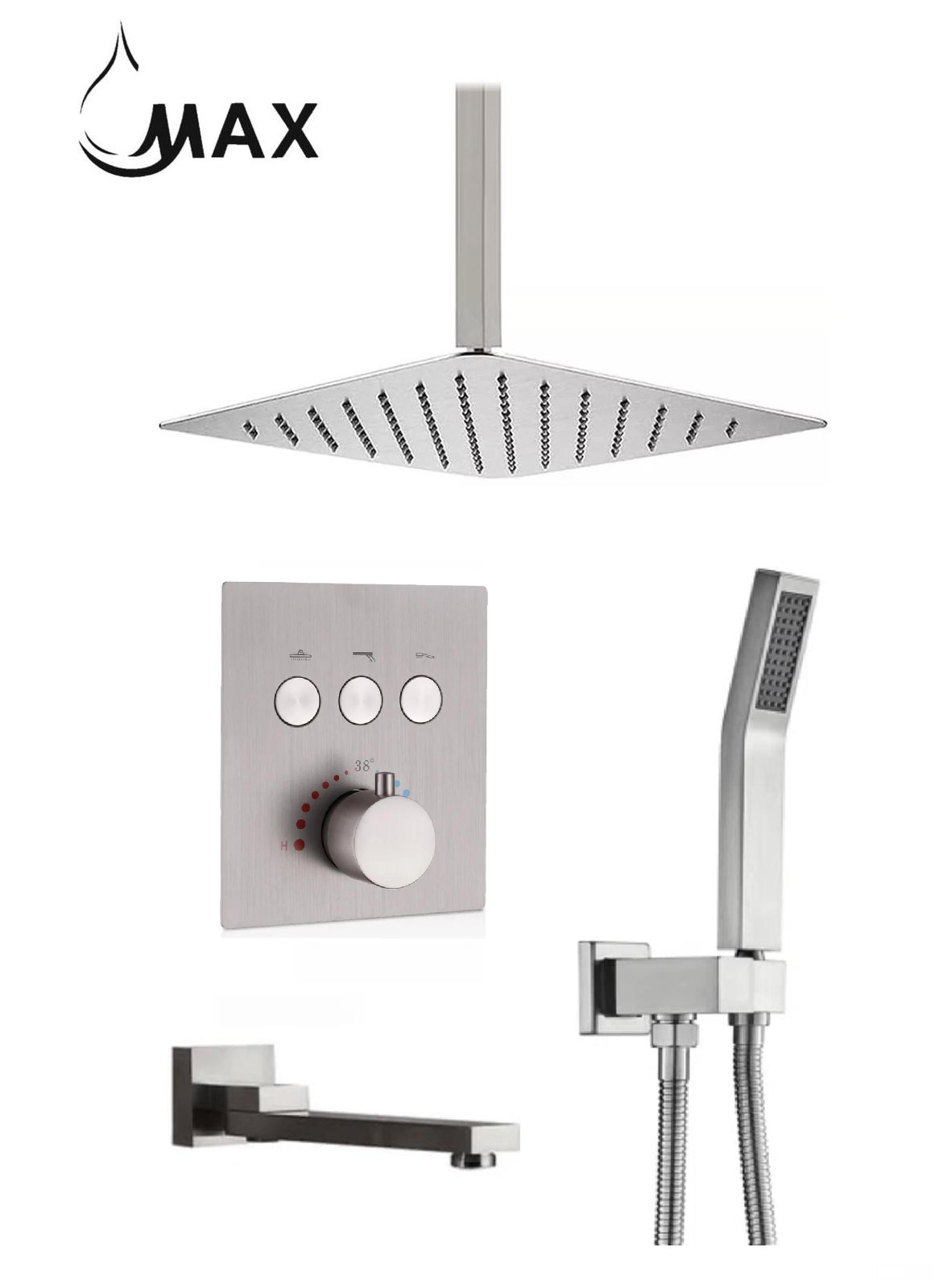Ceiling Thermostatic Shower System Three Functions With Push-buttons Pressure Balance Valve Brushed Nickel Finish