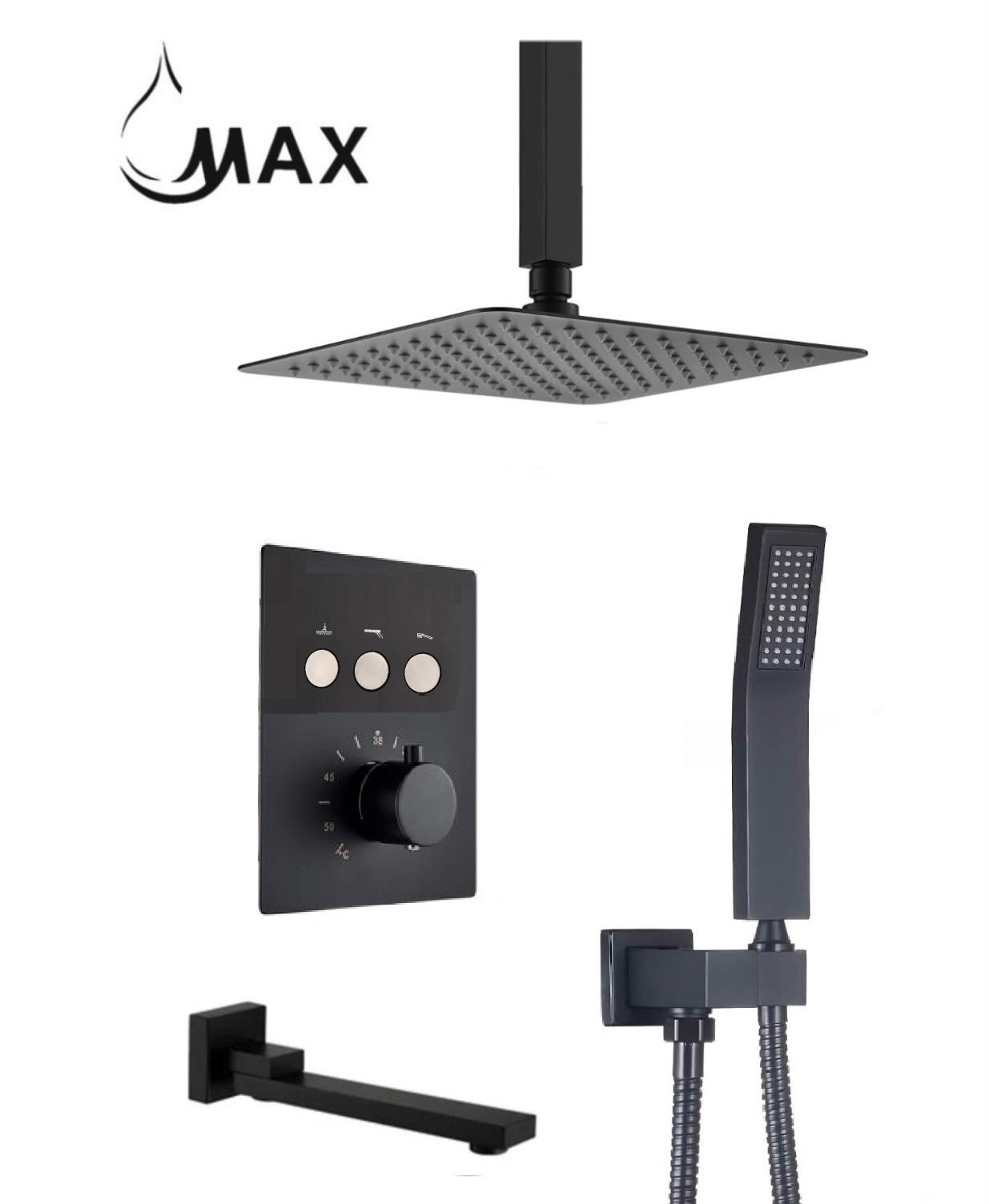 Ceiling Thermostatic Shower System Three Functions With Push-buttons Pressure Balance Valve Matte Black Finish