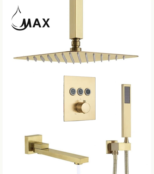 Ceiling Thermostatic Shower System Three Functions With Pressure Balance Valve Brushed Gold Finish