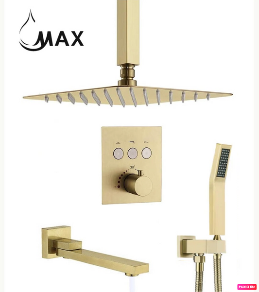 Ceiling Thermostatic Shower System Three Functions With Pressure Balance Valve Brushed Gold Finish