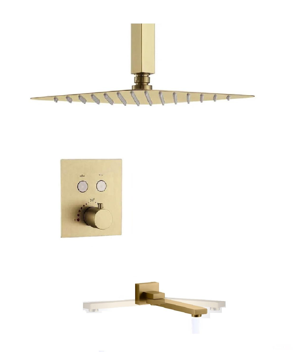 CeilingTub-Filler Thermostatic Shower System Two Functions With Pressure-Balance Valve Brushed Gold Finish