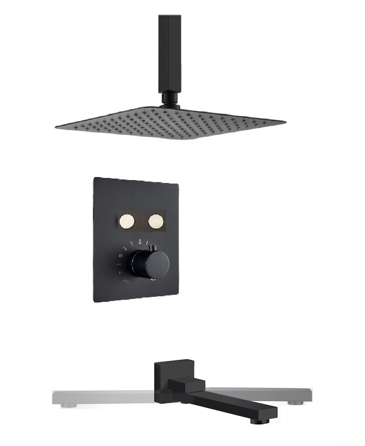 Ceiling Tub-Filler Thermostatic Shower System Two Functions With Pressure-Balance Valve Matte Black Finish