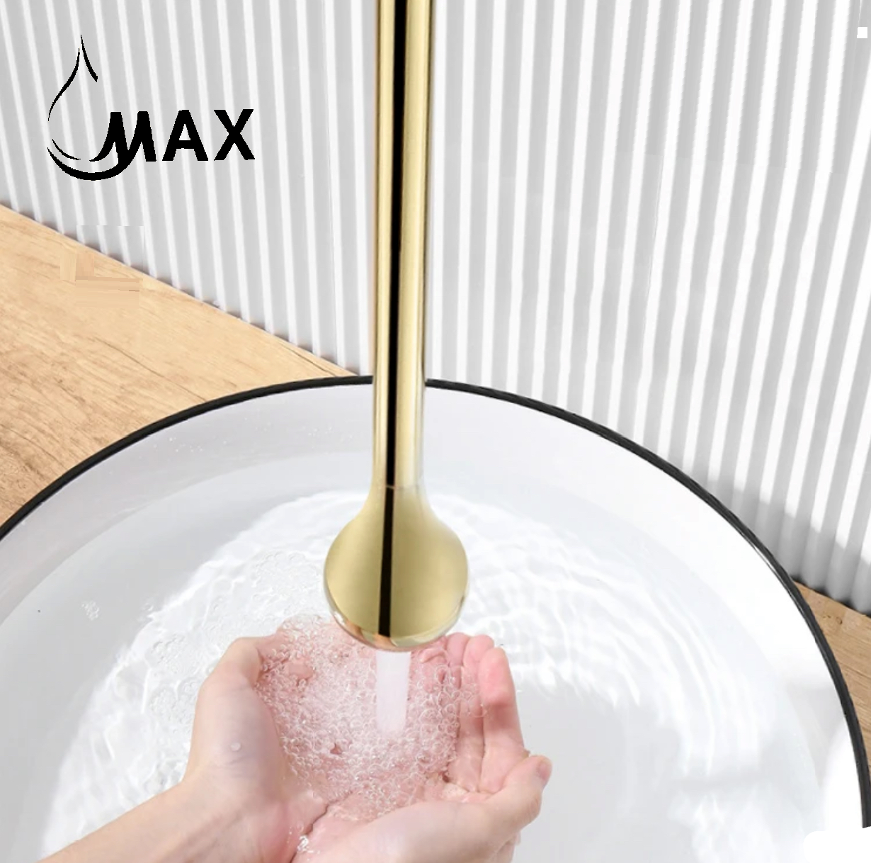 Ceiling Bathroom Faucet With Wall Mounted Hand Control Shiny Gold Finish