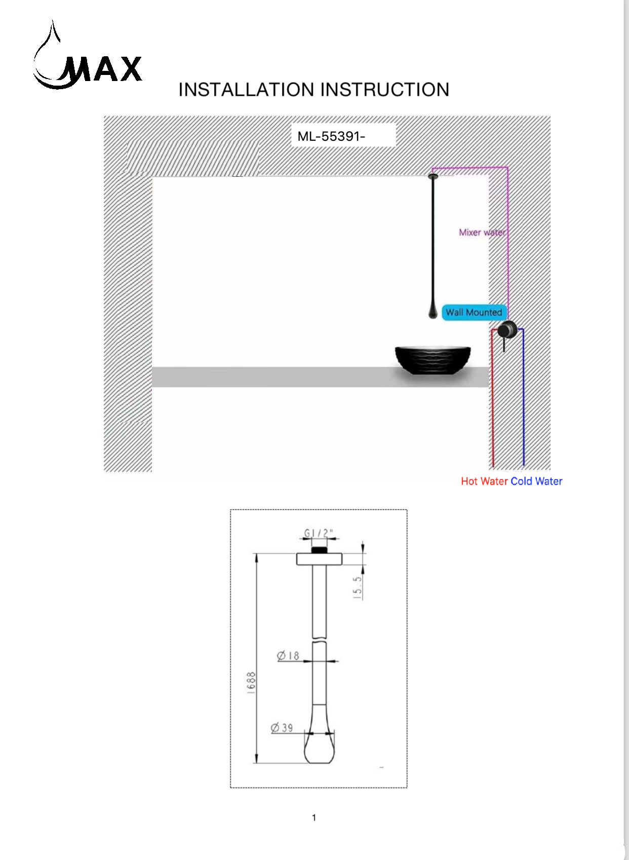 Ceiling Bathroom Faucet With Wall Mounted Hand Control Matte black Finish