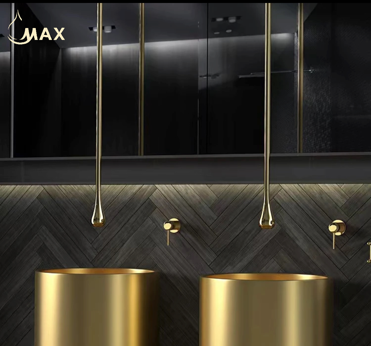 Ceiling Bathroom Faucet With Wall Mounted Hand Control Shiny Gold Finish