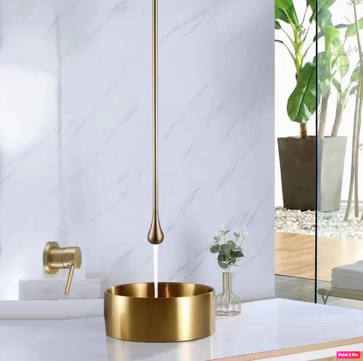 Ceiling Bathroom Faucet With Wall Mounted Hand Control Brushed Gold Finish