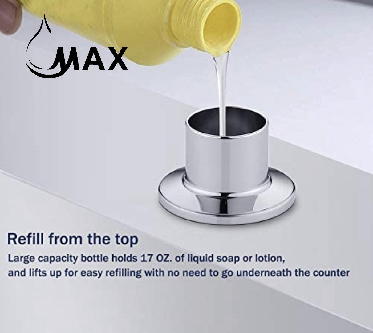 MAX Faucets | Chrome Soap and Lotion Dispenser – 360° Swivel, Refillable, 17oz Capacity