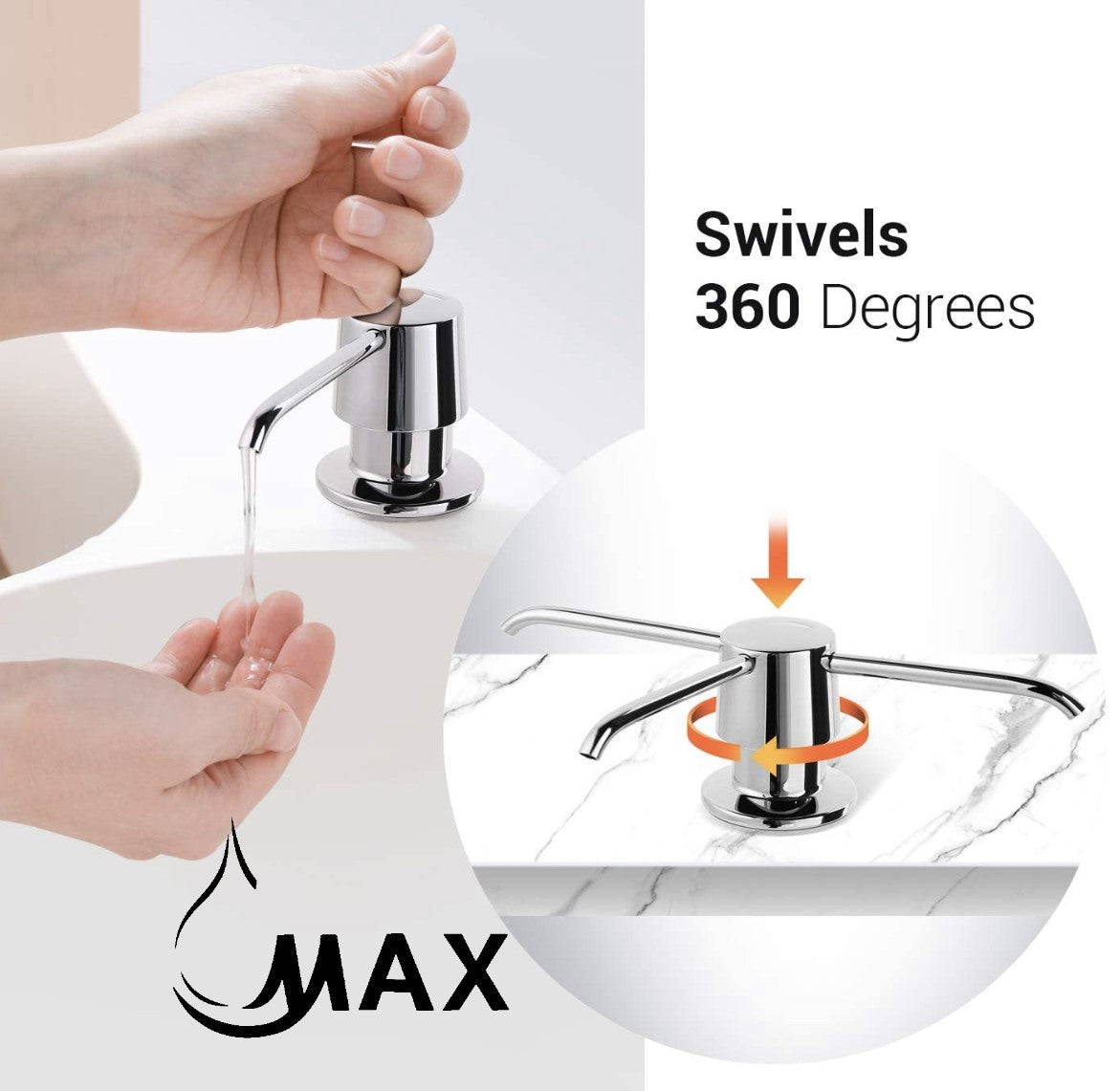 MAX Faucets | Chrome Soap and Lotion Dispenser – 360° Swivel, Refillable, 17oz Capacity